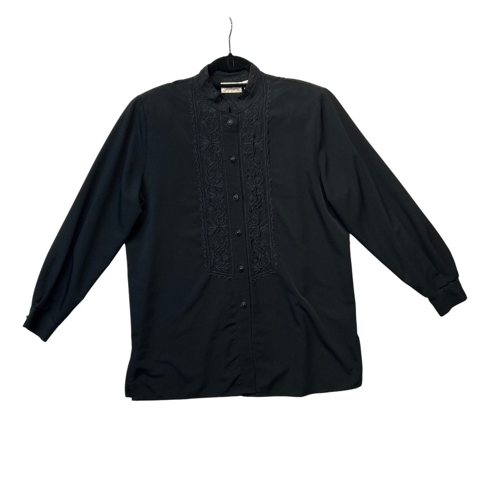 Vtg Worthington Blouse Womens 14 Black‎ Embroidered Victorian Corporate Goth